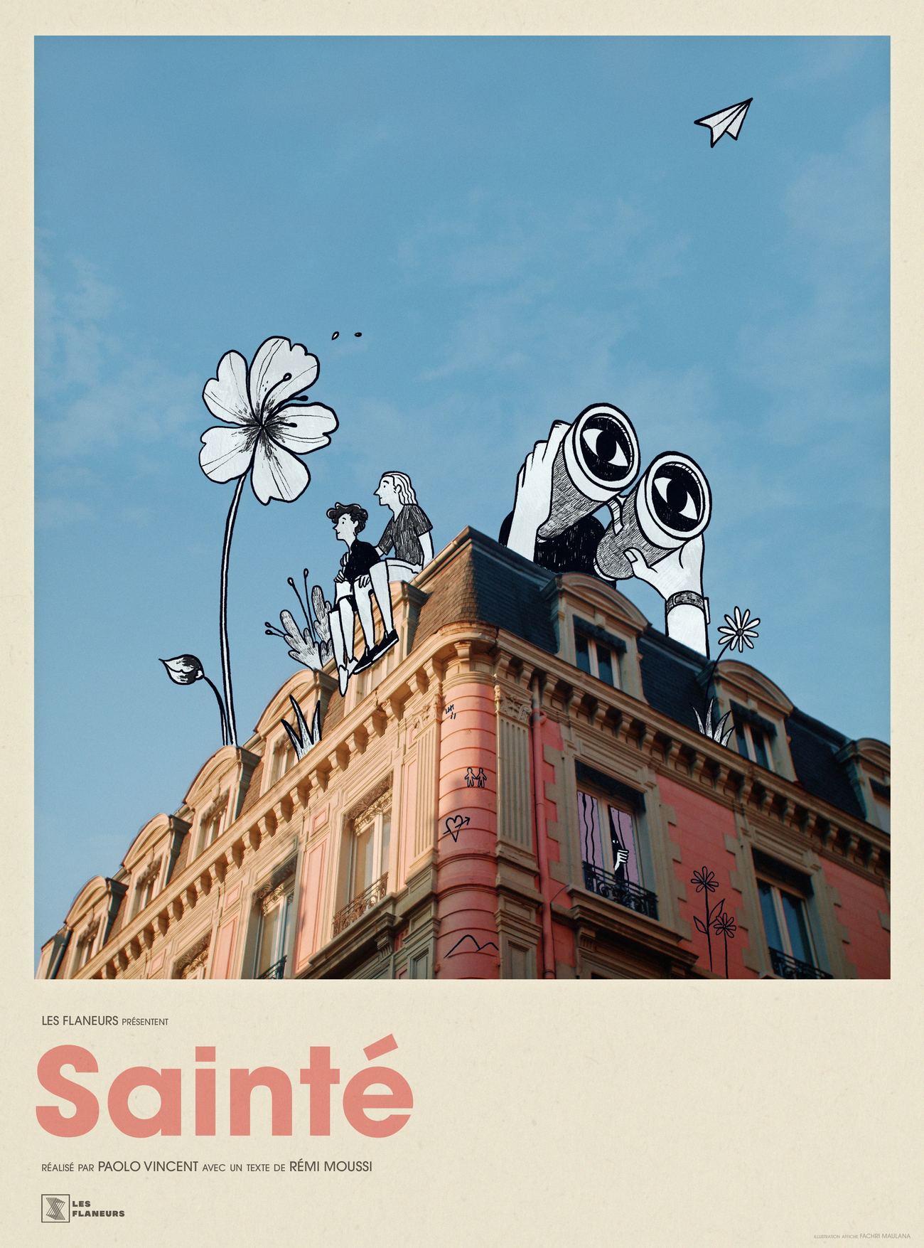 Affiche de Sainté : sur un immeuble rose de Saint-Étienne, des personnages dessinés regardent la ville aux jumelles. Illustration Fachri Maulana.